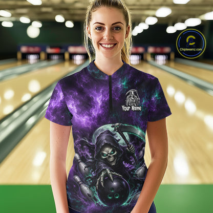 A woman stands in a bowling alley wearing a short-sleeve quarter-zip bowling shirt with a purple and black cosmic/spooky graphic featuring a grim reaper design and a customizable name print on the chest.