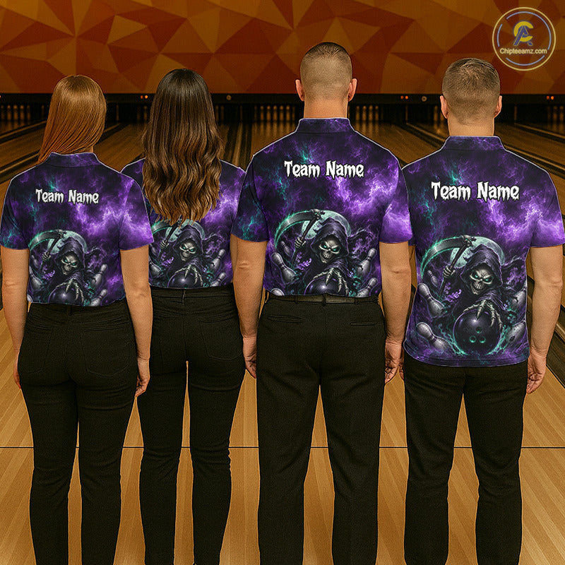 Four people standing in a bowling alley, viewed from behind, wearing matching short-sleeve collared shirts with a purple and black cosmic graphic and the text 'Team Name' printed on the back.