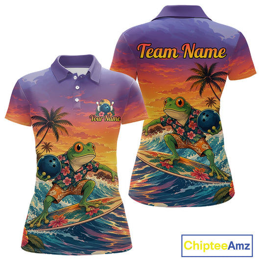 Front and back views of a short-sleeve polo shirt featuring a colorful tropical graphic print of a frog surfing on a wave, with palm trees, bowling balls, and customizable text areas on the chest and back.