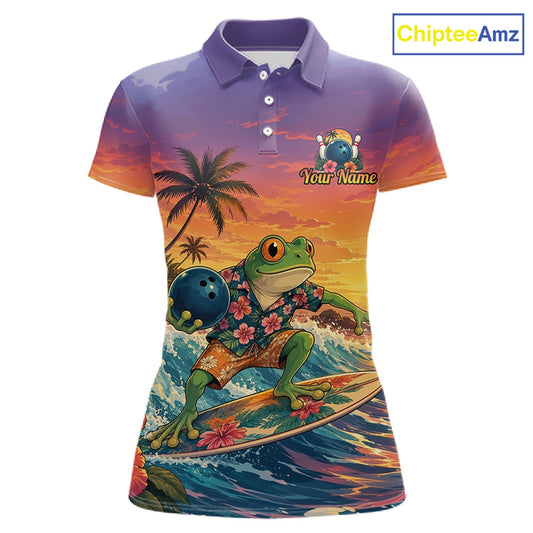 A short-sleeve polo shirt with a colorful tropical graphic print featuring a frog surfing on a wave while holding a bowling ball, set against a sunset sky with palm trees. The shirt has a purple collar and sleeves, a 'Your Name' customization placeholder on the chest, and a 'ChipteeAmz' logo in the top right corner.