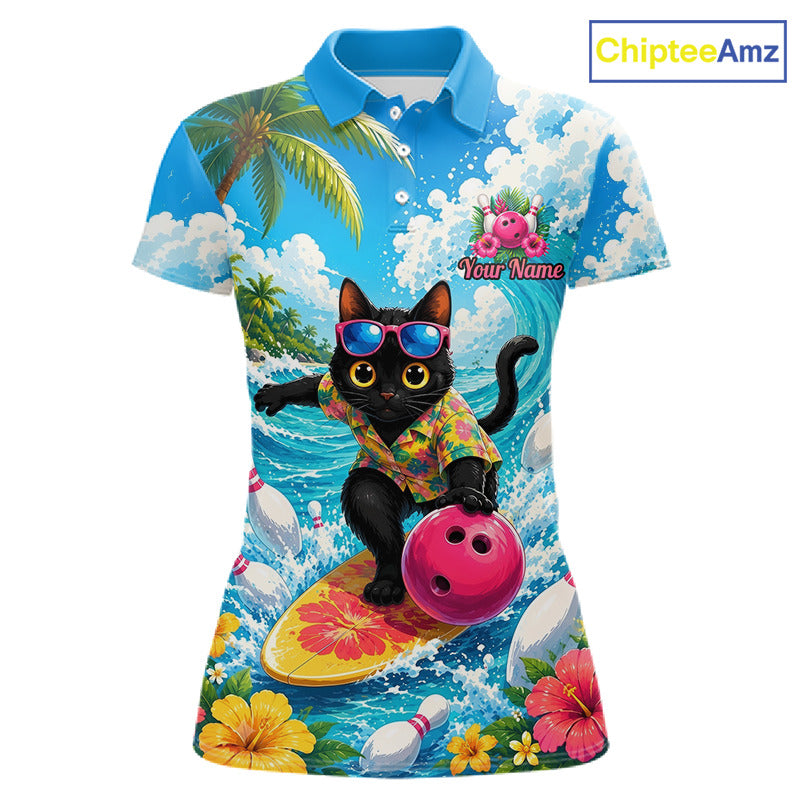 A women's short-sleeve polo shirt with a vibrant all-over tropical beach print featuring a black cat surfing on a yellow board while holding a pink bowling ball. The shirt has a blue collar and includes a customizable 'Your Name' graphic.