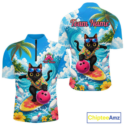 A short-sleeve polo shirt shown from the front and back, featuring a colorful all-over tropical beach print with a black cat surfing on a yellow surfboard, palm trees, blue waves, flowers, bowling pins, and the text 'Team Name' and 'Your Name'.