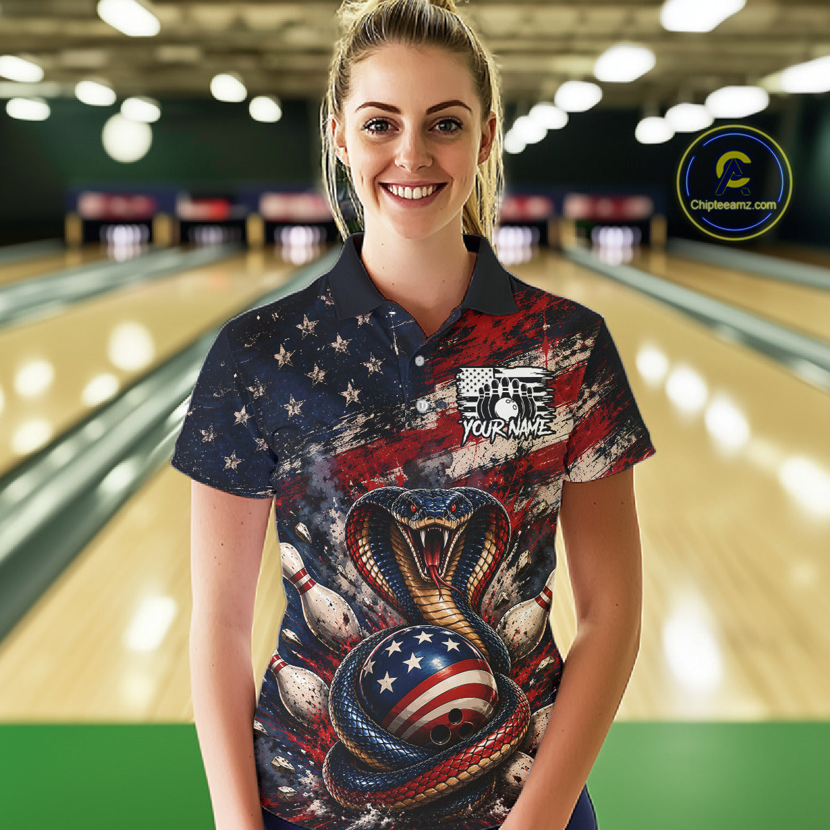 Woman wearing a colorful bowling-themed shirt with an American flag design in a bowling alley.