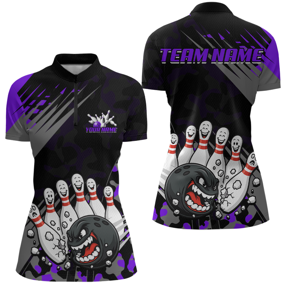 Custom Purple Funny Bowling Shirt Crazy Bowling Jersey Women Polo & 1/4 Zip Bowling Outfit QZT785