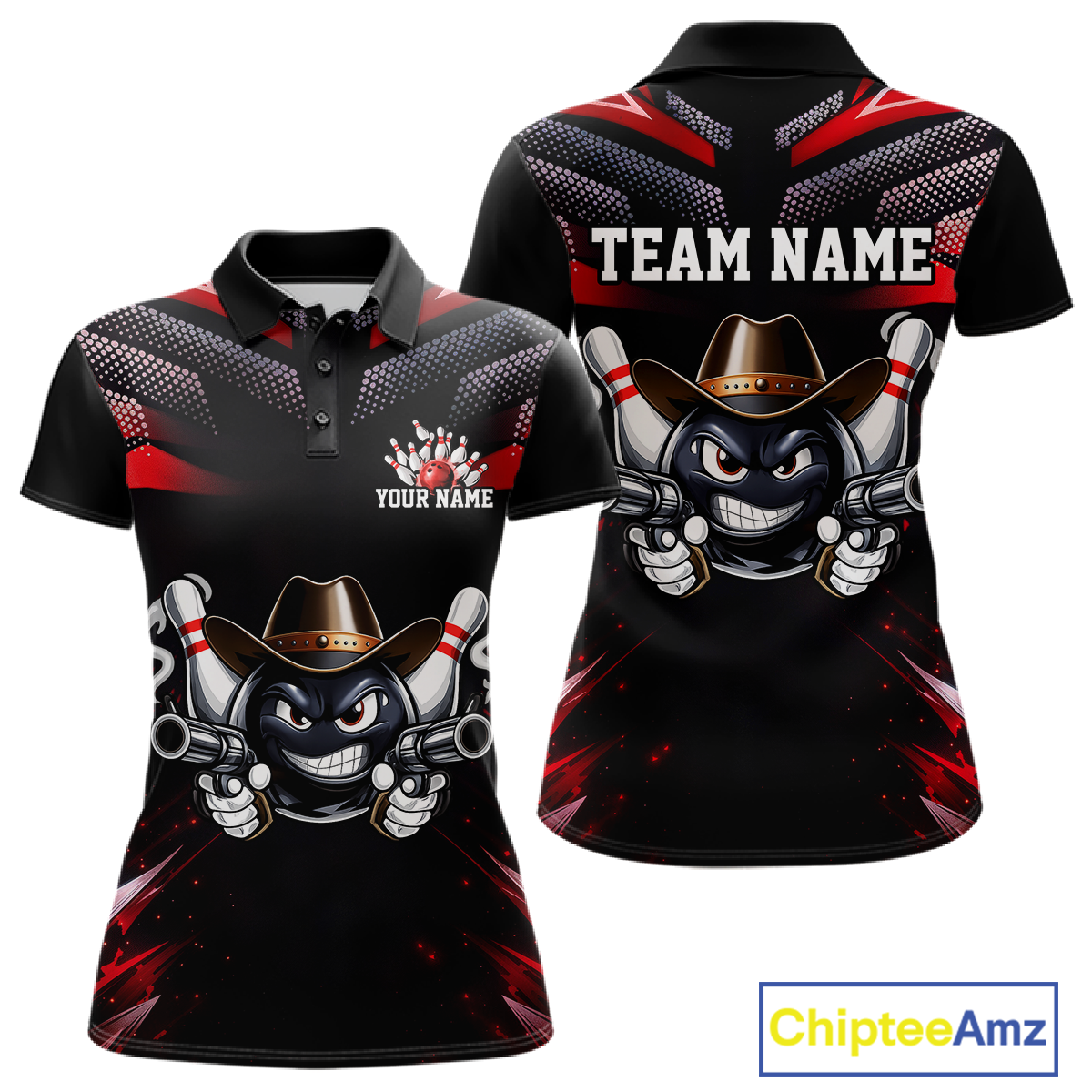 Custom Black & Red Funny Cowboy Bowling Shirt for Women Polo & 1/4-Zip Bowling League QZT840