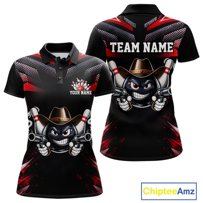 Custom Black & Red Funny Cowboy Bowling Shirt for Women Polo & 1/4-Zip Bowling League QZT840