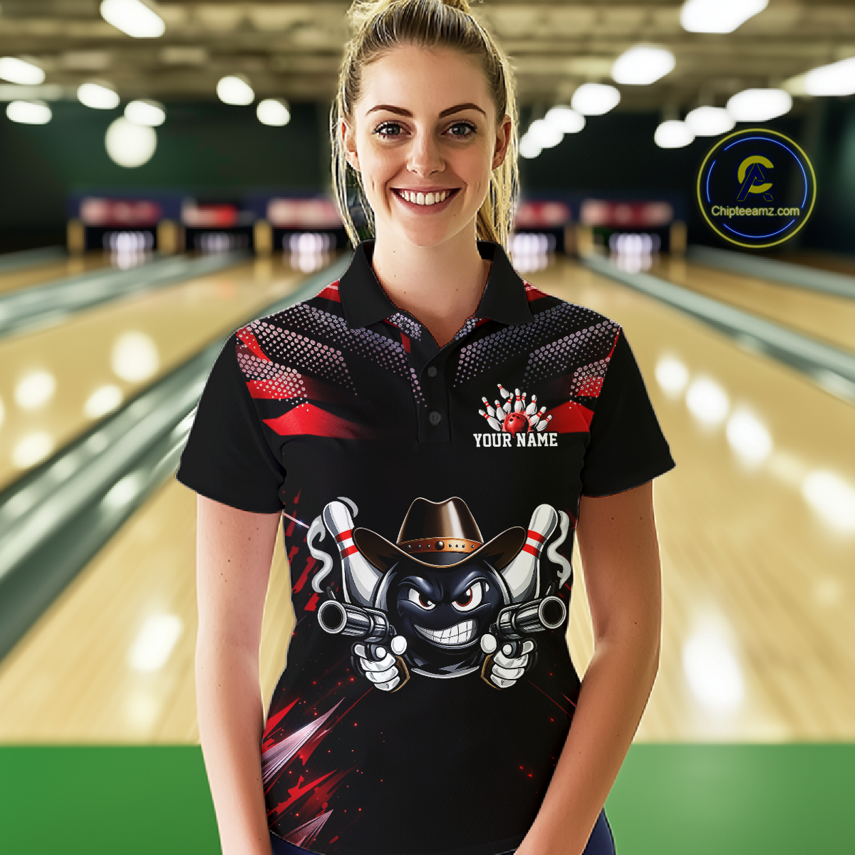 Custom Black & Red Funny Cowboy Bowling Shirt for Women Polo & 1/4-Zip Bowling League QZT840