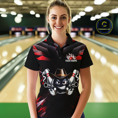 Custom Black & Red Funny Cowboy Bowling Shirt for Women Polo & 1/4-Zip Bowling League QZT840