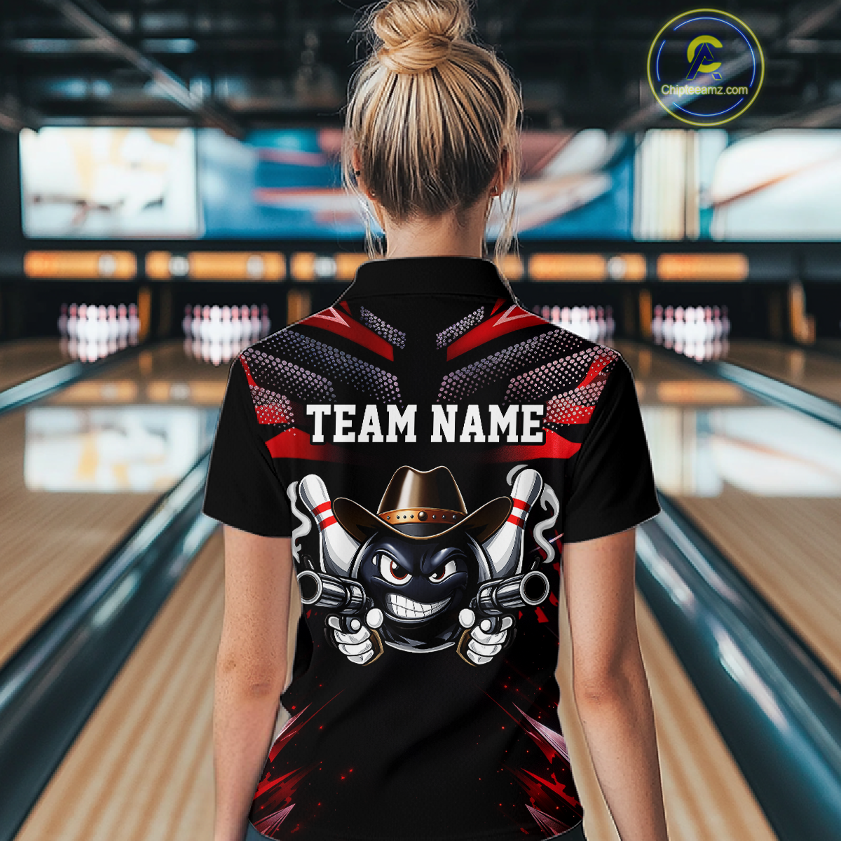 Custom Black & Red Funny Cowboy Bowling Shirt for Women Polo & 1/4-Zip Bowling League QZT840