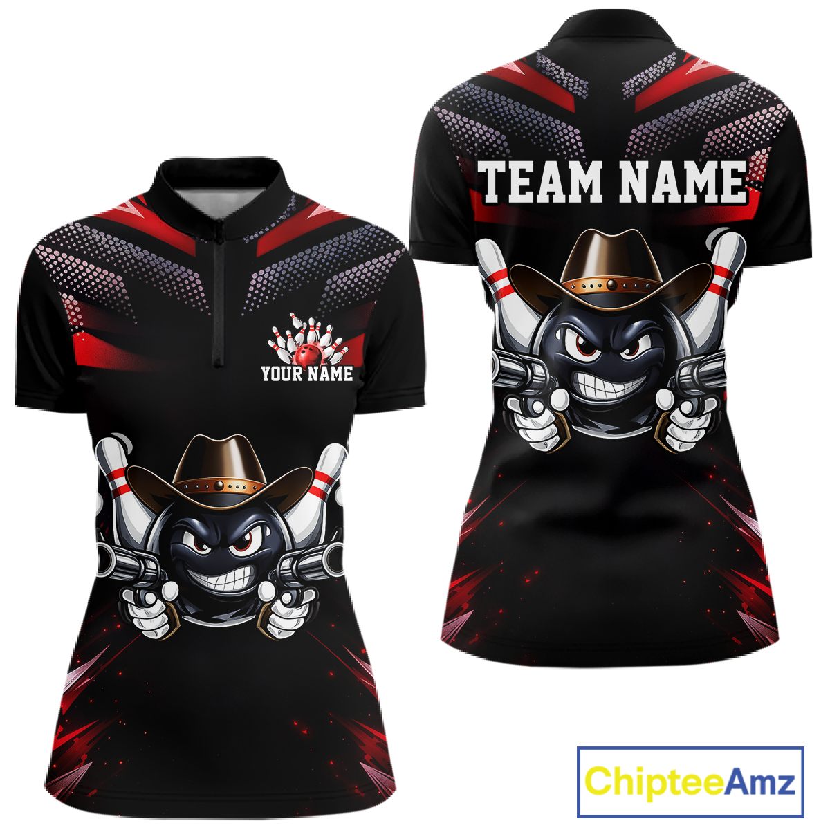 Custom Black & Red Funny Cowboy Bowling Shirt for Women Polo & 1/4-Zip Bowling League QZT840