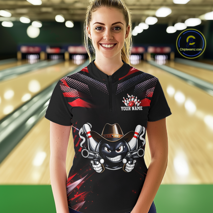 Custom Black & Red Funny Cowboy Bowling Shirt for Women Polo & 1/4-Zip Bowling League QZT840