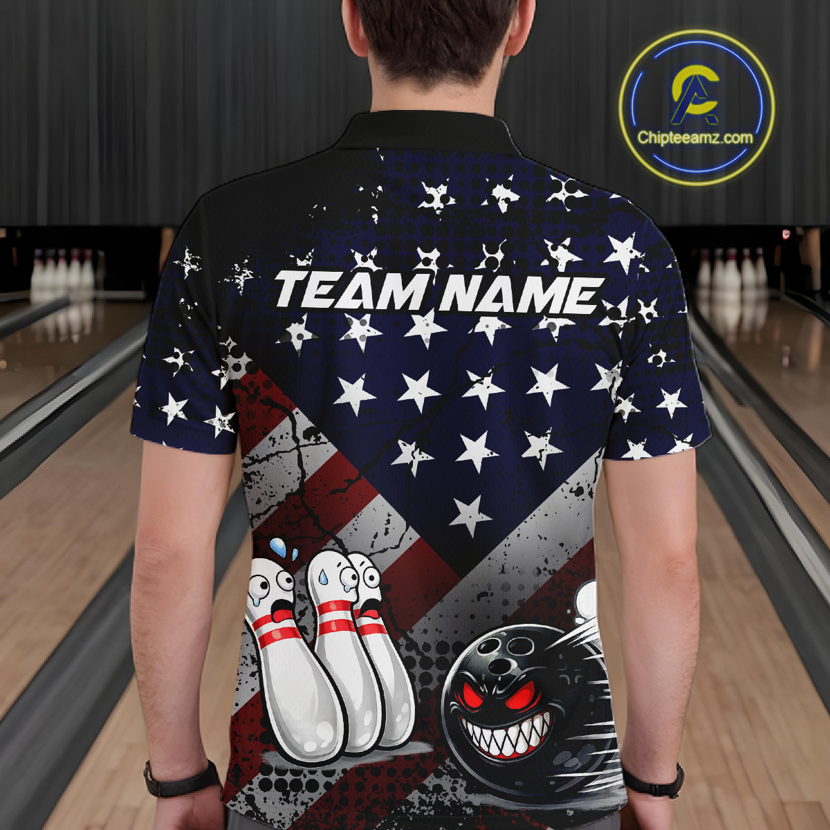 Custom American Flag Funny Bowling Team Shirt for Men Polo & Quarter-Zip Bowling Jersey Blue Red White QZT928