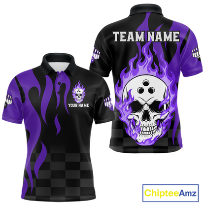 Purple Flame Skull Bowling Shirt Bowling Team Jersey for Men Polo & 1/4-Zip Bowling Outfit QZT931