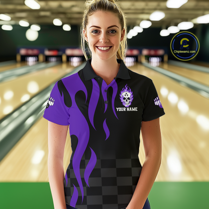 Purple Flame Skull Bowling Shirt Bowling Team Jersey for Women Polo & 1/4-Zip QZT931