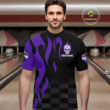 Purple Flame Skull Bowling Shirt Bowling Team Jersey for Men Polo & 1/4-Zip Bowling Outfit QZT931