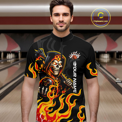Custom Orange Flame Skull Bowling Shirt for Men Bowling Jersey League Bowling Gifts QZT842