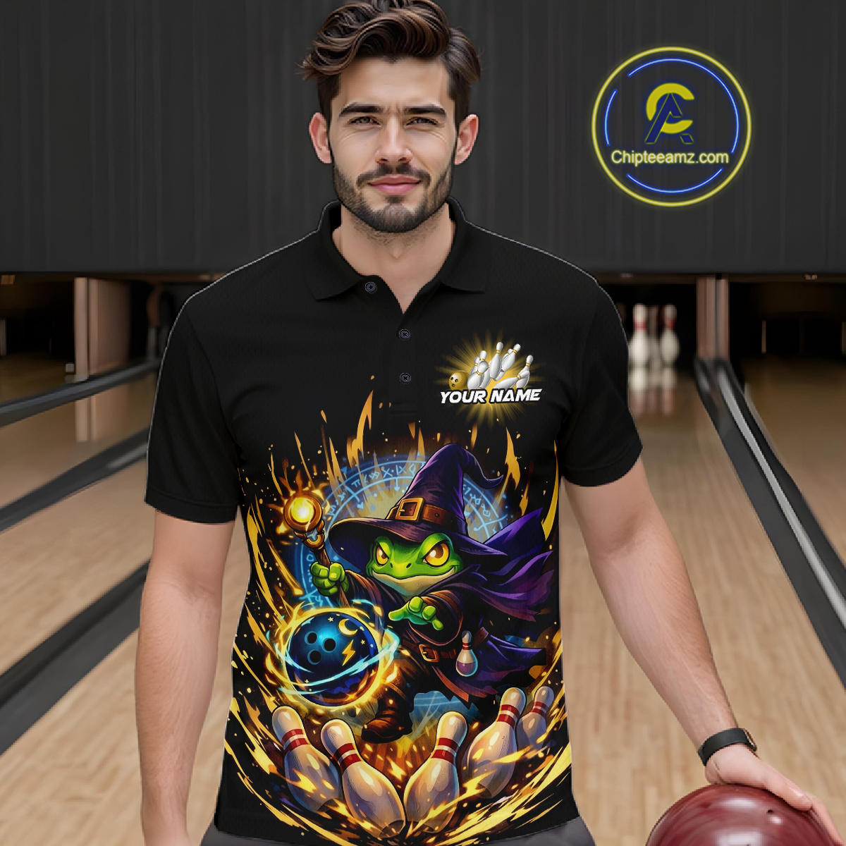 Personalized Frog Wizard Bowling Shirt for Men Flame Bowling Jersey League Polo & Quarter-Zip QZT890