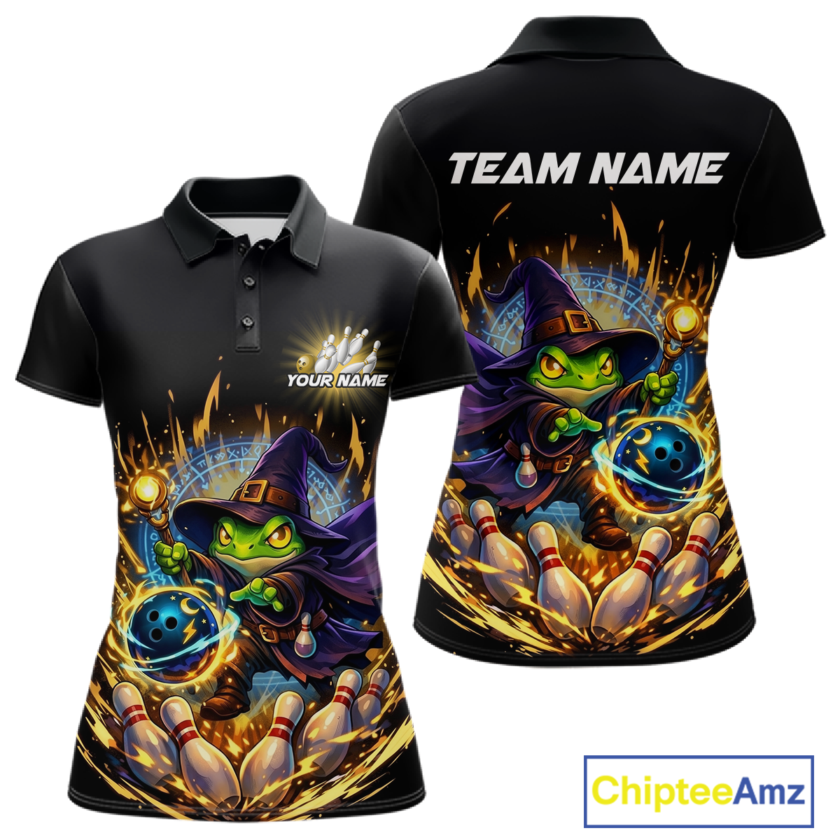 Personalized Frog Wizard Bowling Shirt for Women Flame Bowling Jersey League Polo & Quarter-Zip QZT890