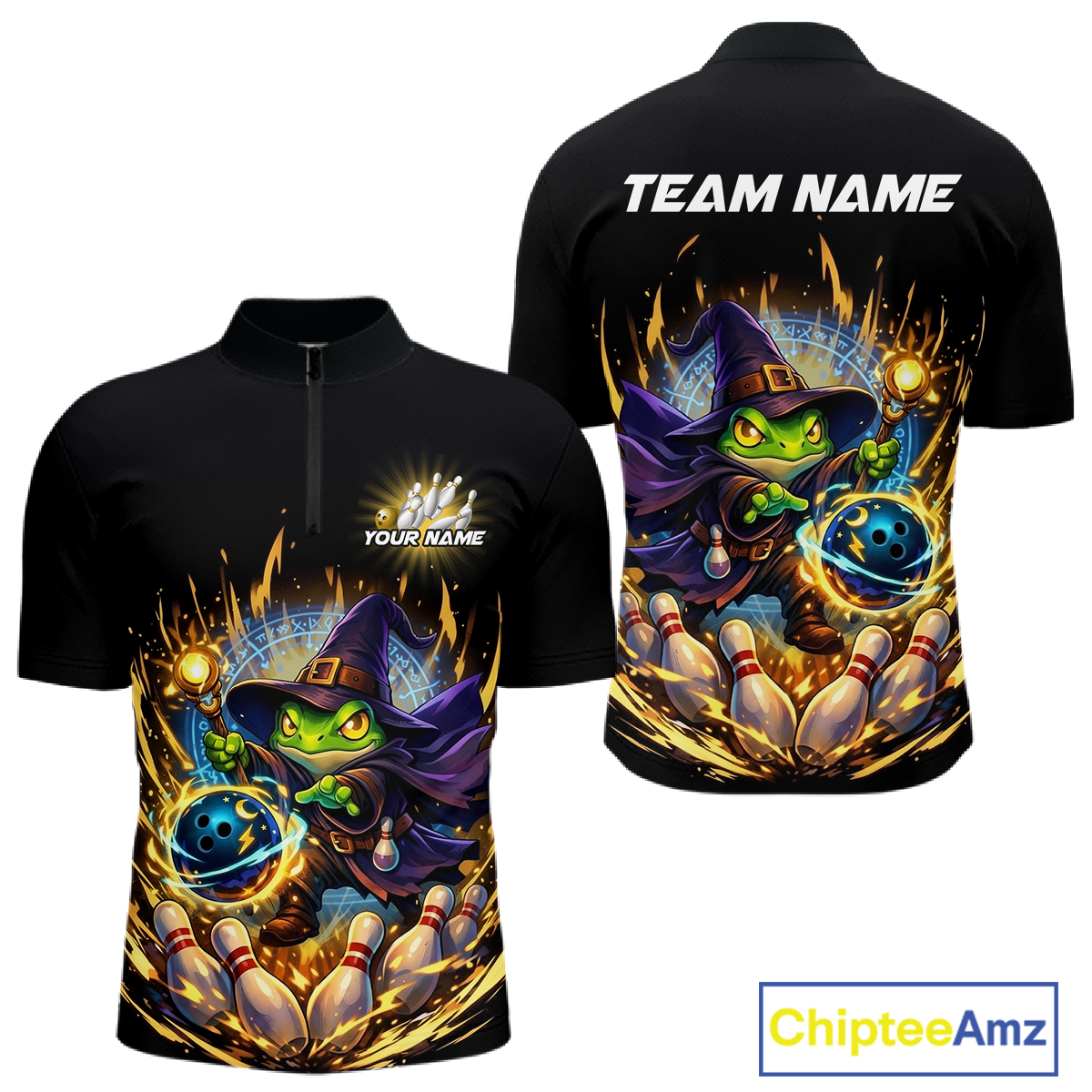 Personalized Frog Wizard Bowling Shirt for Men Flame Bowling Jersey League Polo & Quarter-Zip QZT890