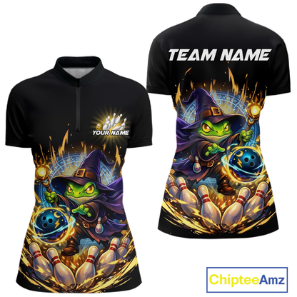 Personalized Frog Wizard Bowling Shirt for Women Flame Bowling Jersey League Polo & Quarter-Zip QZT890