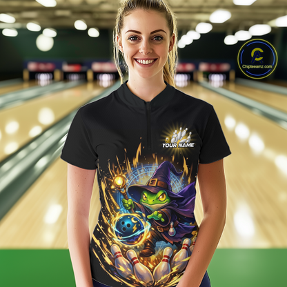 Personalized Frog Wizard Bowling Shirt for Women Flame Bowling Jersey League Polo & Quarter-Zip QZT890
