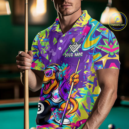 Person wearing a colorful polo shirt with a graphic design, holding a pool cue in a billiards setting.