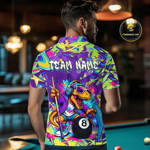 Load image into Gallery viewer, Person wearing a colorful shirt with a dinosaur and pool ball design in a bar setting.
