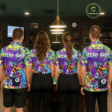 Load image into Gallery viewer, Four people wearing colorful team jerseys with a dinosaur and pool ball design in a room.