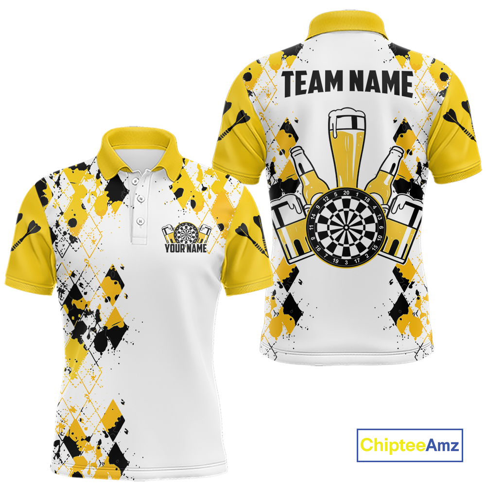 Custom Funny Beer Dart Shirt Argyle Dart Team Jersey for Men Dartboard Polo & Quarter-Zip Shirts DHT14