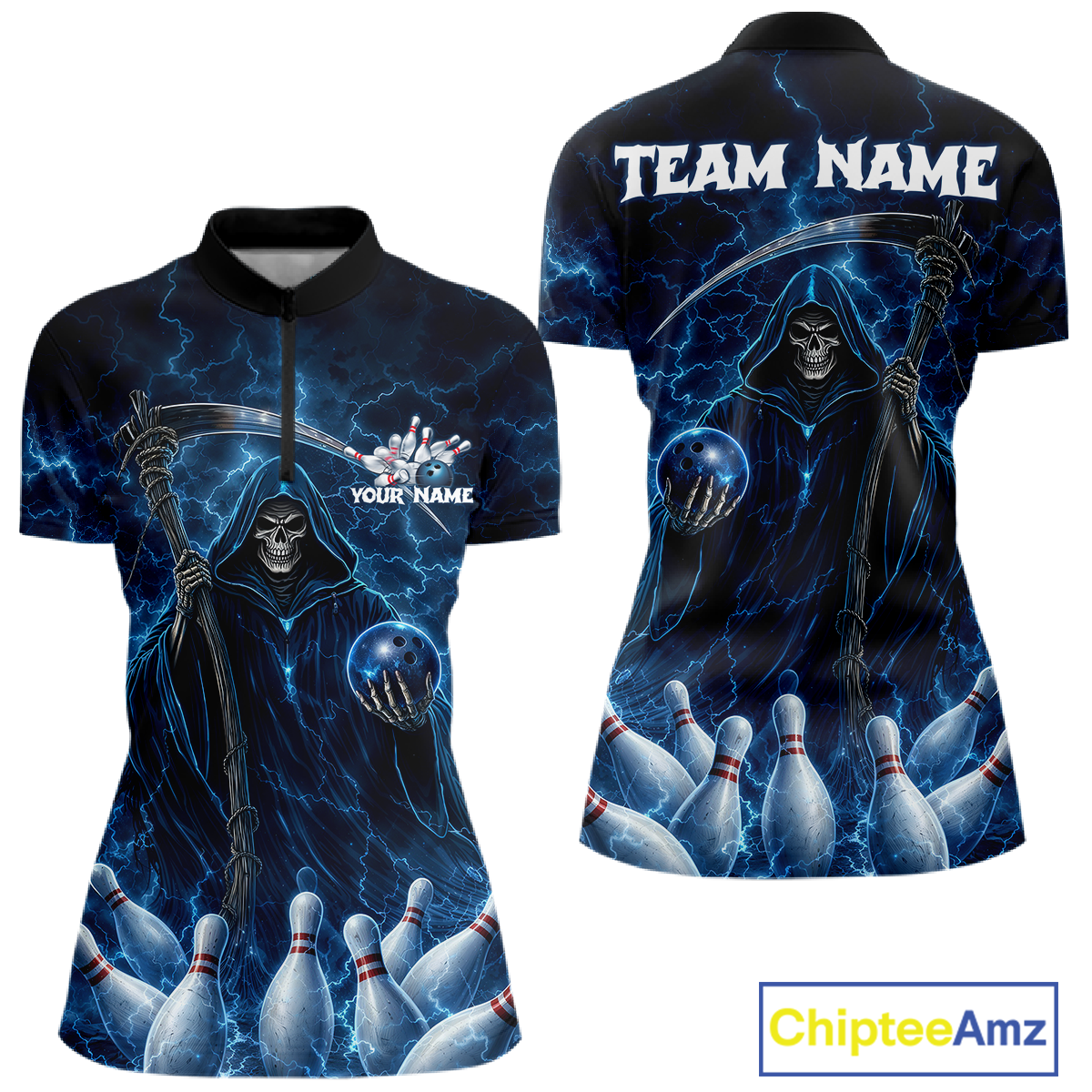 Blue Thunder Lightning Bowling Shirt for Women Bowling League Jersey Polo & Quarter-Zip Bowling Outfit QZT932