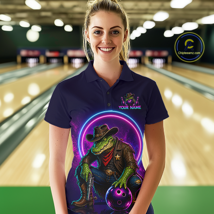 Custom Neon Cowboy Alliagator Bowling Shirt for Women Bowling Team Jersey Polo & 1/4-Zip Bowling Outfit QZT1013