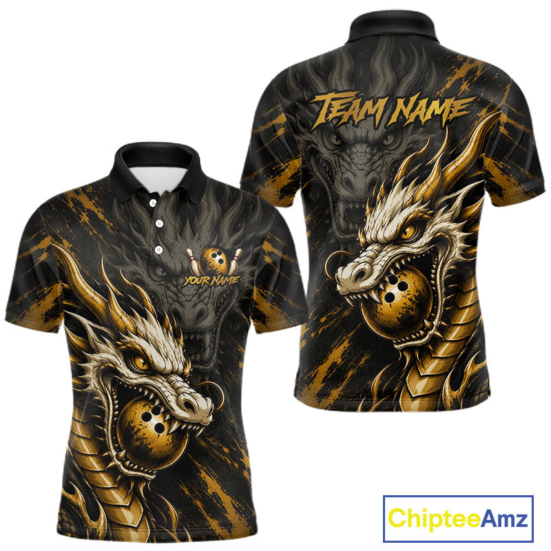 Front and back views of a short-sleeve polo shirt featuring a detailed black and gold dragon graphic design, with customizable text placeholders 'TEAM NAME' and 'YOUR NAME' on a white background.