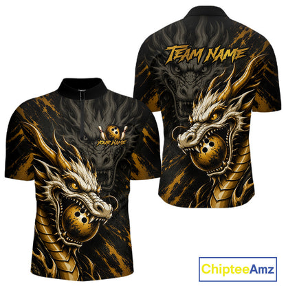 Custom short-sleeve quarter-zip shirt shown from the front and back, featuring a large gold and black dragon graphic with a bowling ball motif, plus customizable text areas reading TEAM NAME and YOUR NAME. 