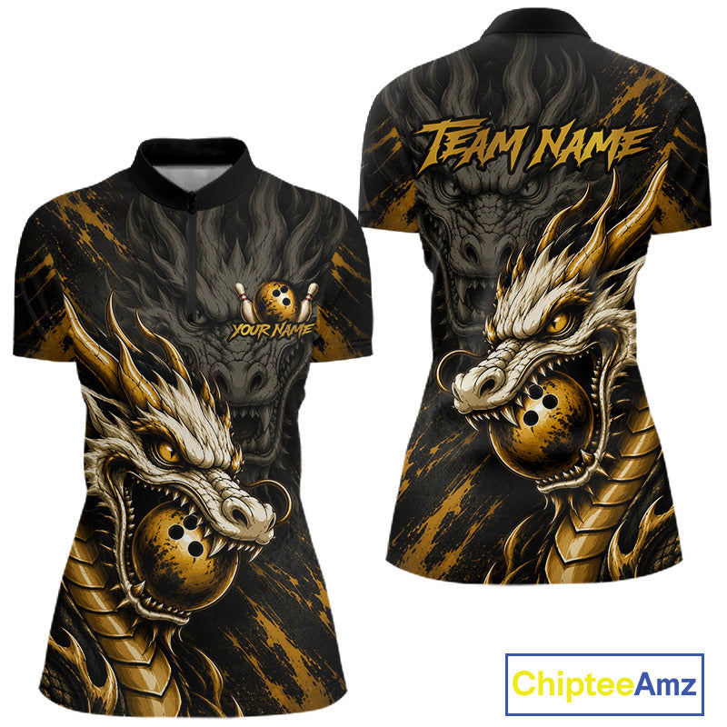 Custom short-sleeve polo shirt shown from the front and back, featuring a large gold and black dragon graphic with a bowling ball motif, a skull-and-crossbones logo, and placeholder text reading TEAM NAME and YOUR NAME.