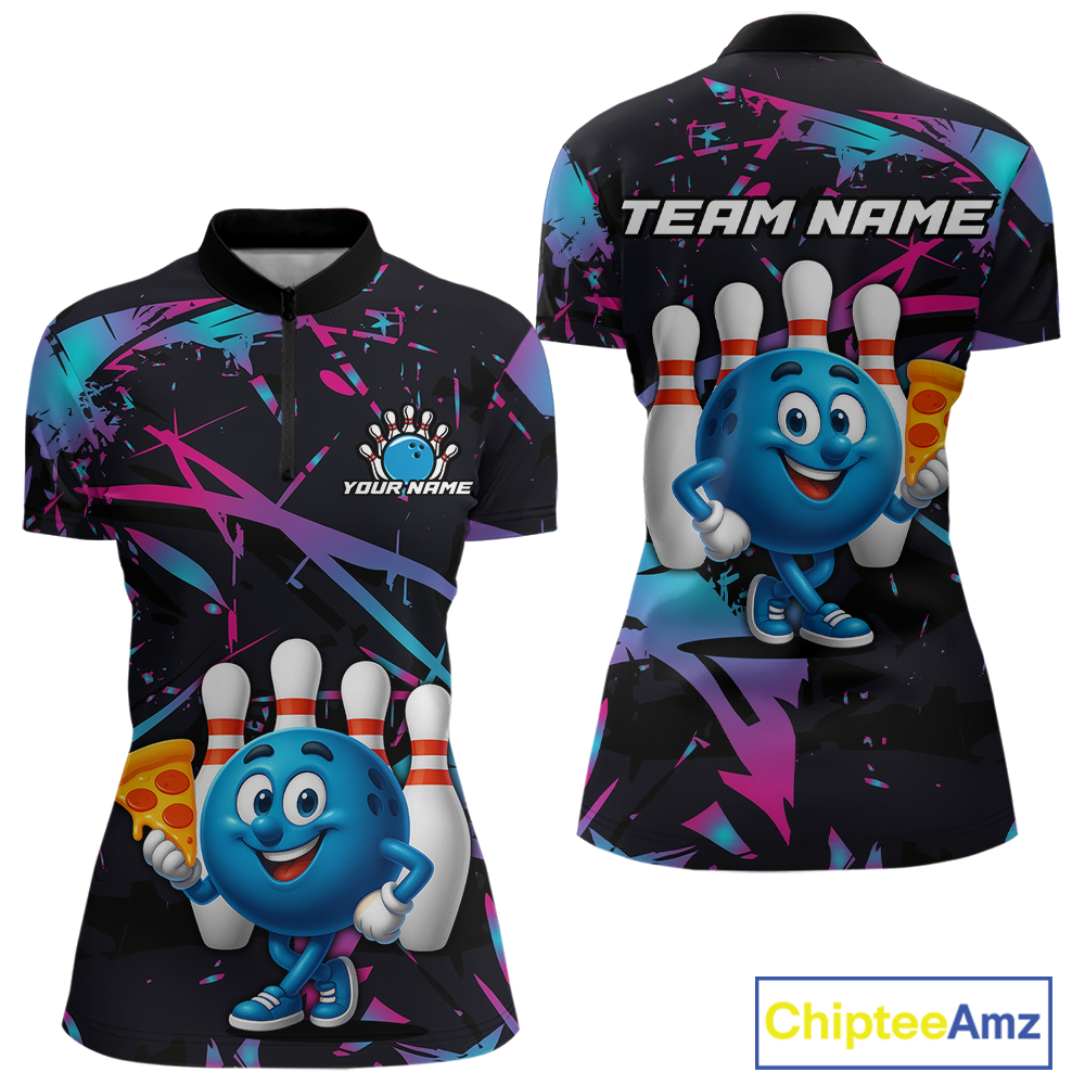 Custom Blue & Pink Funny Bowling with Food for Women Bowling Shirt Polo & 1/4 Zip QZT797