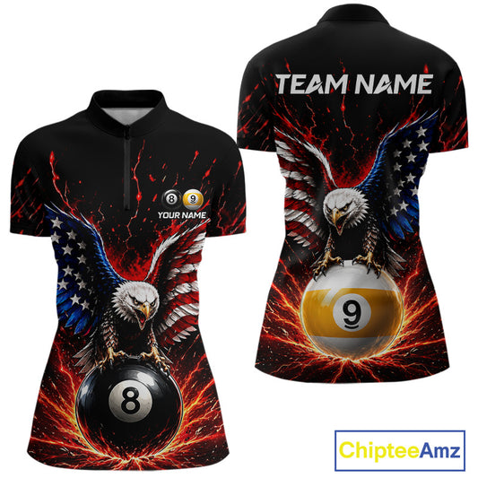 Front and back view of jersey with eagle design holding pool balls, front and back views, on a white background.