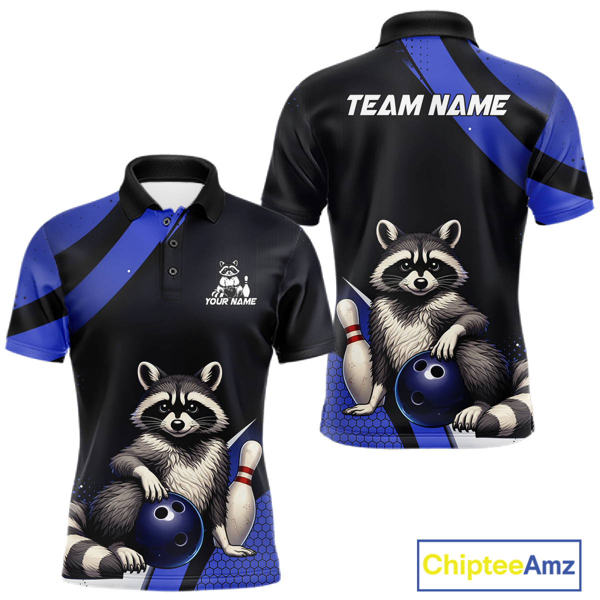 Custom Blue Ugly Raccoon Bowling Shirt for Men Bowling League Polo & Quarter-Zip Gift QZT853