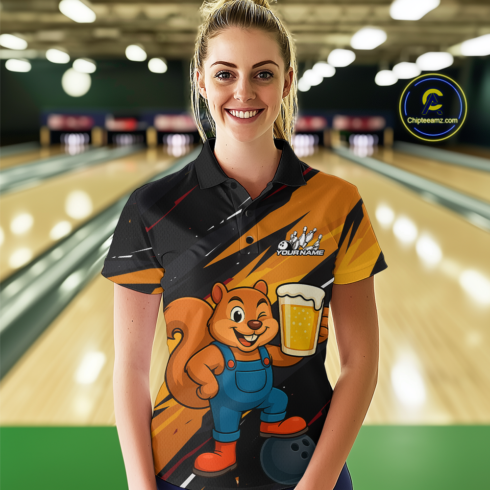 Funny Squirrel and Beer Bowling Team Shirt for Women Custom Bowling League Jersey Bowling Outfit QZT813