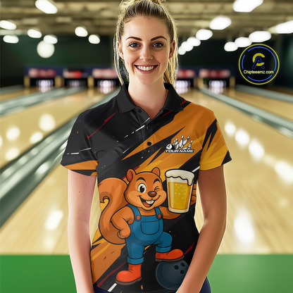 Funny Squirrel and Beer Bowling Team Shirt for Women Custom Bowling League Jersey Bowling Outfit QZT813