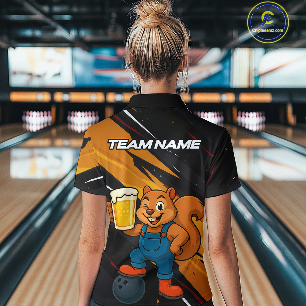 Funny Squirrel and Beer Bowling Team Shirt for Women Custom Bowling League Jersey Bowling Outfit QZT813
