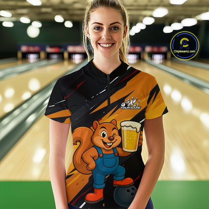 Funny Squirrel and Beer Bowling Team Shirt for Women Custom Bowling League Jersey Bowling Outfit QZT813