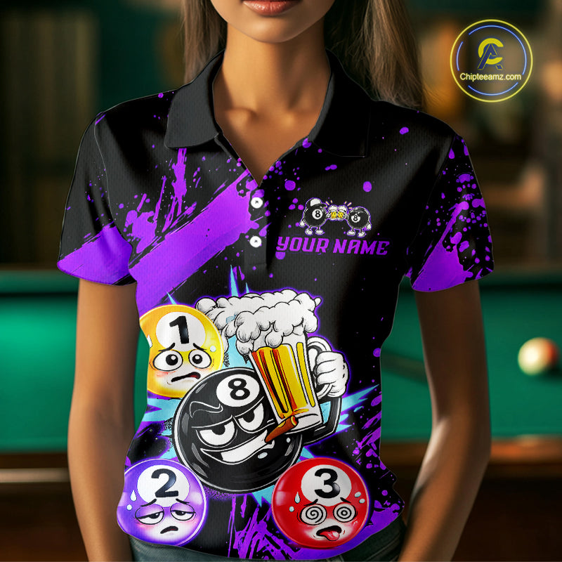 Custom Purple Funny 8 Ball Pool Billiard Team Shirts for Women Billiard League Jersey Polo &1/4 Zip BHT2
