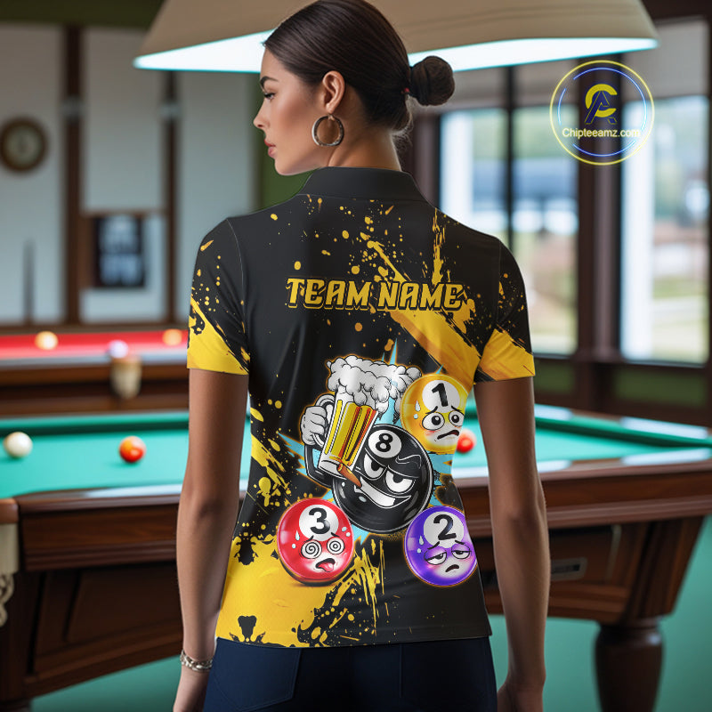Custom Yellow Funny 8 Ball Pool Billiard Team Shirts for Women Billiard League Jersey Polo &1/4 Zip BHT2