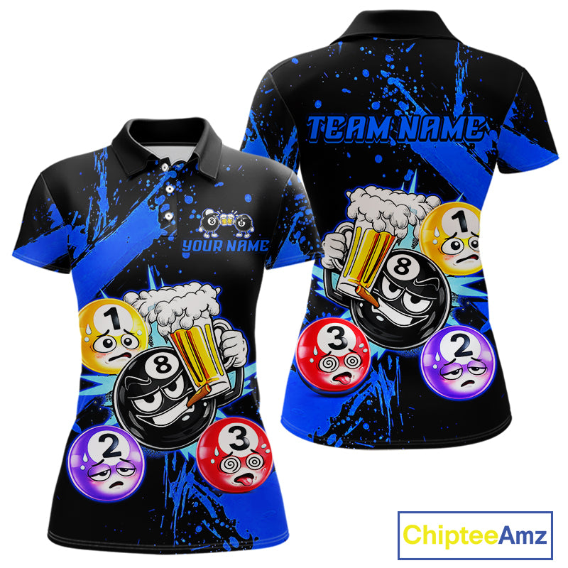 Custom Blue Funny 8 Ball Pool Billiard Team Shirts for Women Billiard League Jersey Polo &1/4 Zip BHT2