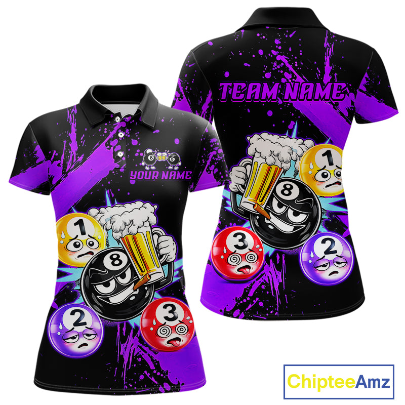 Custom Purple Funny 8 Ball Pool Billiard Team Shirts for Women Billiard League Jersey Polo &1/4 Zip BHT2
