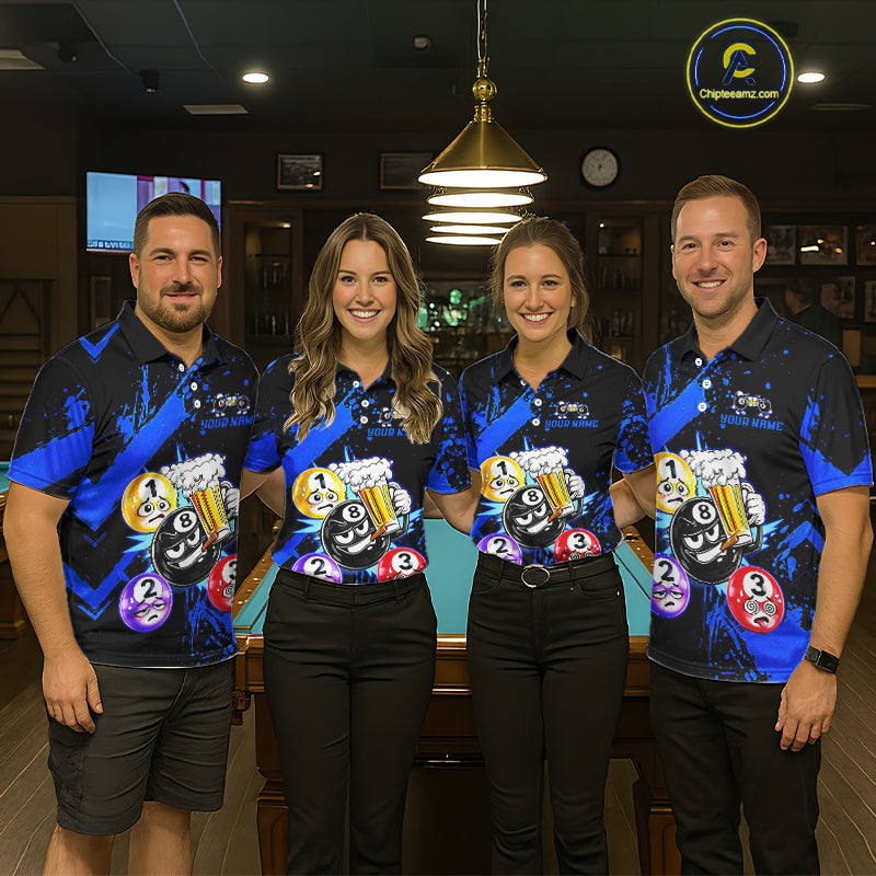 Custom Blue Funny 8 Ball Pool Billiard Team Shirts for Women Billiard League Jersey Polo &1/4 Zip BHT2