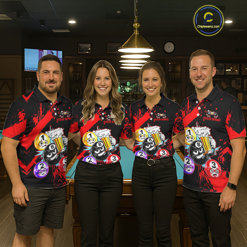 Custom Red Funny 8 Ball Pool Billiard Team Shirts for Women Billiard League Jersey Polo &1/4 Zip BHT2