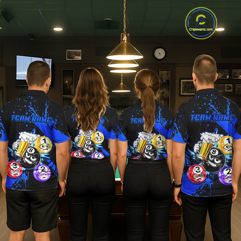 Custom Blue Funny 8 Ball Pool Billiard Team Shirts for Women Billiard League Jersey Polo &1/4 Zip BHT2