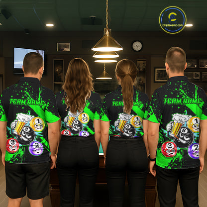 Custom Green Funny 8 Ball Pool Billiard Team Shirts for Women Billiard League Jersey Polo &1/4 Zip BHT2