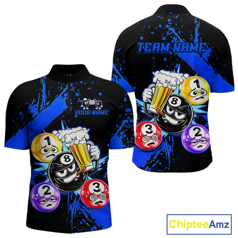 Custom Blue Funny 8 Ball Pool Billiard Team Shirts for Men Billiard League Jersey Polo &1/4 Zip BHT2